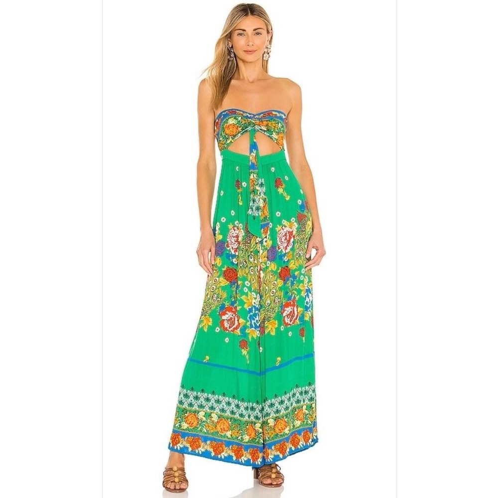 Free People Boho Floral Bali Birds Of Paradise Jumpsuit in Green Combo Sz M